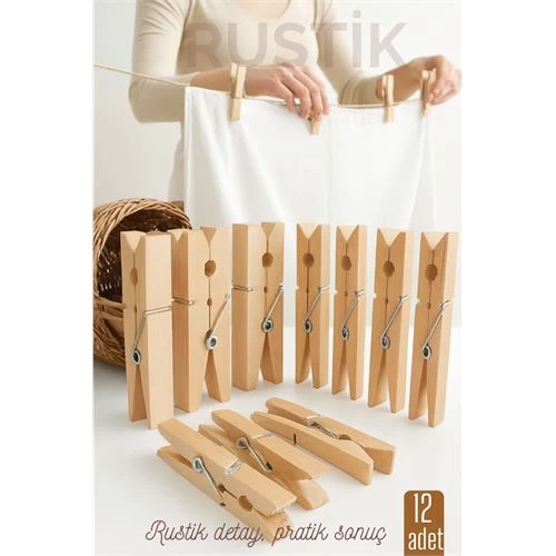 12’li Ahşap Mandal Seti – Doğal Görünümlü, Çok Amaçlı, Dayanıklı Yaylı Tasarım 