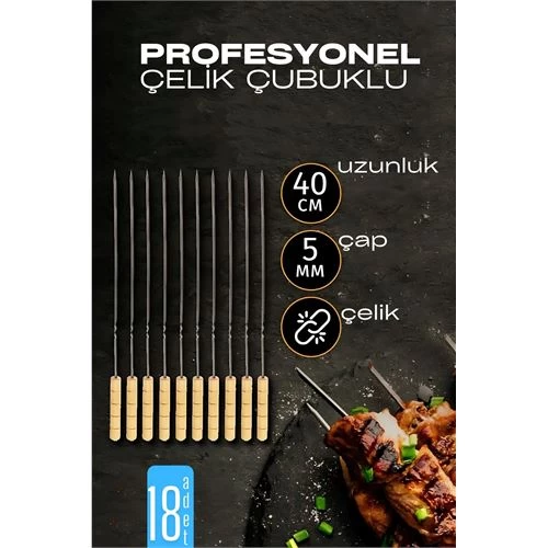 Modacar Çelik Şiş Çubuğu - Mangal Şişi Ahşap Saplı Kebap Şişi  18 Adet