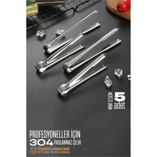 Modacar Mini 12.5 Cm Buz Maşası - Şeker Limon Maşası Kokteyl Servis Maşası 5 Li Paket 304 Paslanmaz Çelik