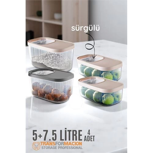Modacar Erzak Bakliyat Kutusu Sürgülü Kapak Saklama Kabı 5 Ve 7.5 Litre 4 Lü