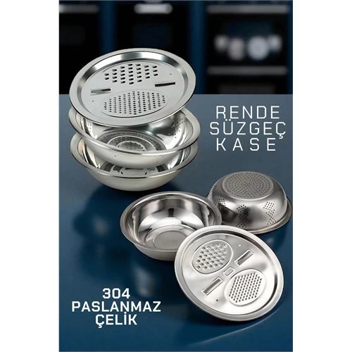 Modacar Çelik Rende Kase Süzgeç Seti - Multifix 3 In 1 Paslanmaz Çelik