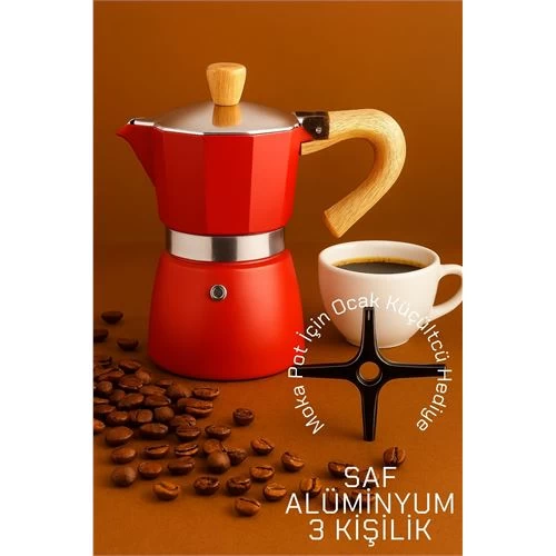 Modacar Italyan Moka Pot - 6061 Saf Alüminyum  Ahşap Saplı - 3 Kişilik Kirmizi