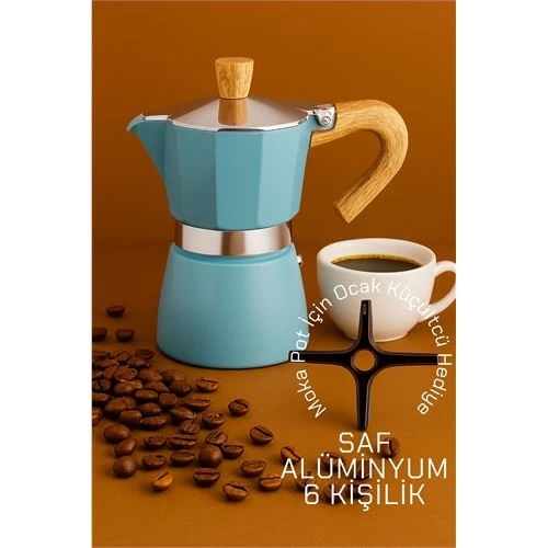 Modacar Italyan Moka Pot - 6061 Saf Alüminyum  Ahşap Saplı - 6 Kişilik Mavİ