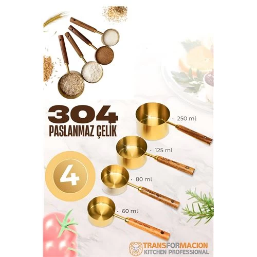 Modacar 4 Lü Ölçü Kabı 304 Paslanmaz Çelik Masif Ahşap Saplı