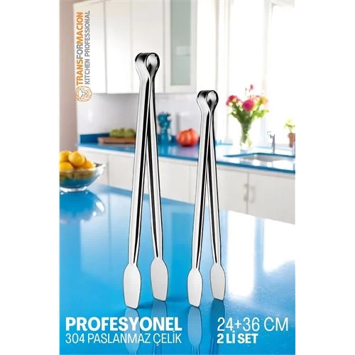 Modacar 2 Boy Mutfak Maşası - Mangal Barbekü Maşası - Izgara Maşası Tava Maşası Çelik  18 Ve 36 Cm