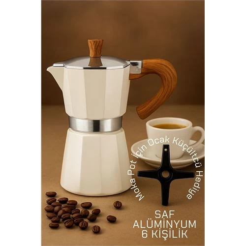 Modacar Italyan Moka Pot - 6061 Saf Alüminyum  Ahşap Saplı - 6 Kişilik Krem