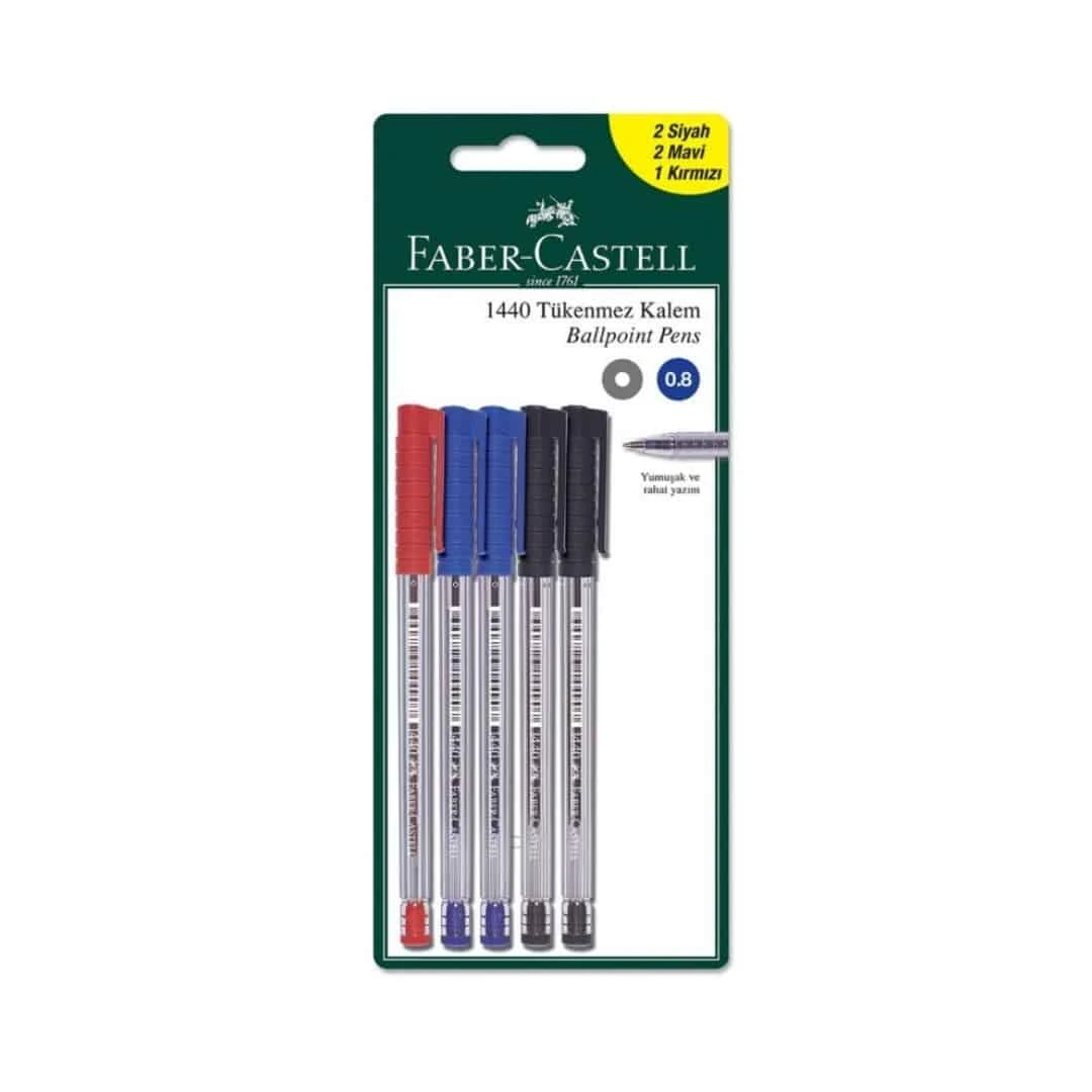 Faber Castell 1425 İğne Uç Tükenmez 5'li Kalem (1 Kırmızı /2 Siyah /2 Mavi )