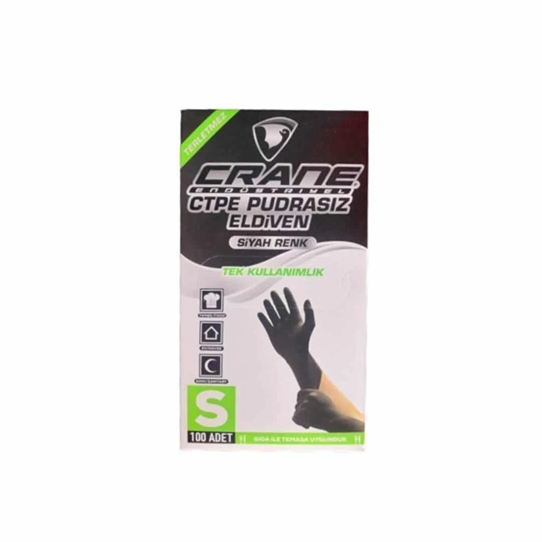 Crane Pudrasız Tek Kullanımlık Siyah Polietilen Eldiven Small 100'lü