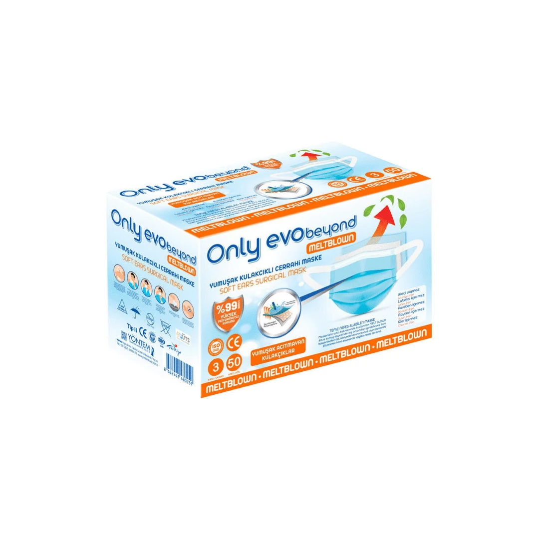 50'li Only Evo Yumuşak Elastik Kulaklı 3 Katlı Beyaz Maske