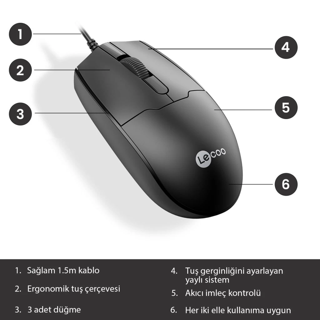 Lenovo Lecoo Ms101 Sİyah Usb Kablolu Mouse