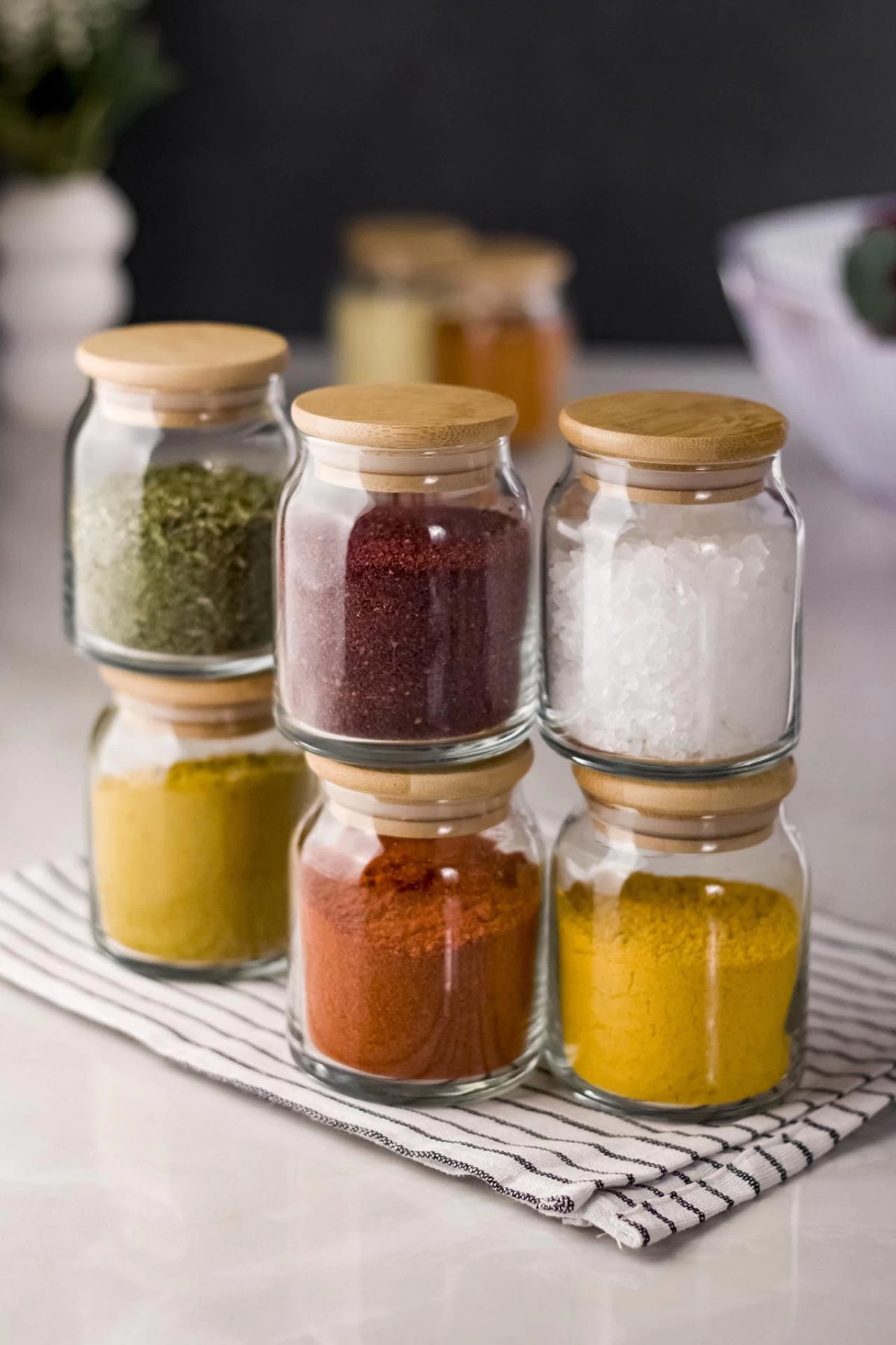 6 Lı Set Bambu Kapaklı Cam Kavanoz & Baharat Takımı & Baharatlık 200 Ml ( Vakum Kapak )