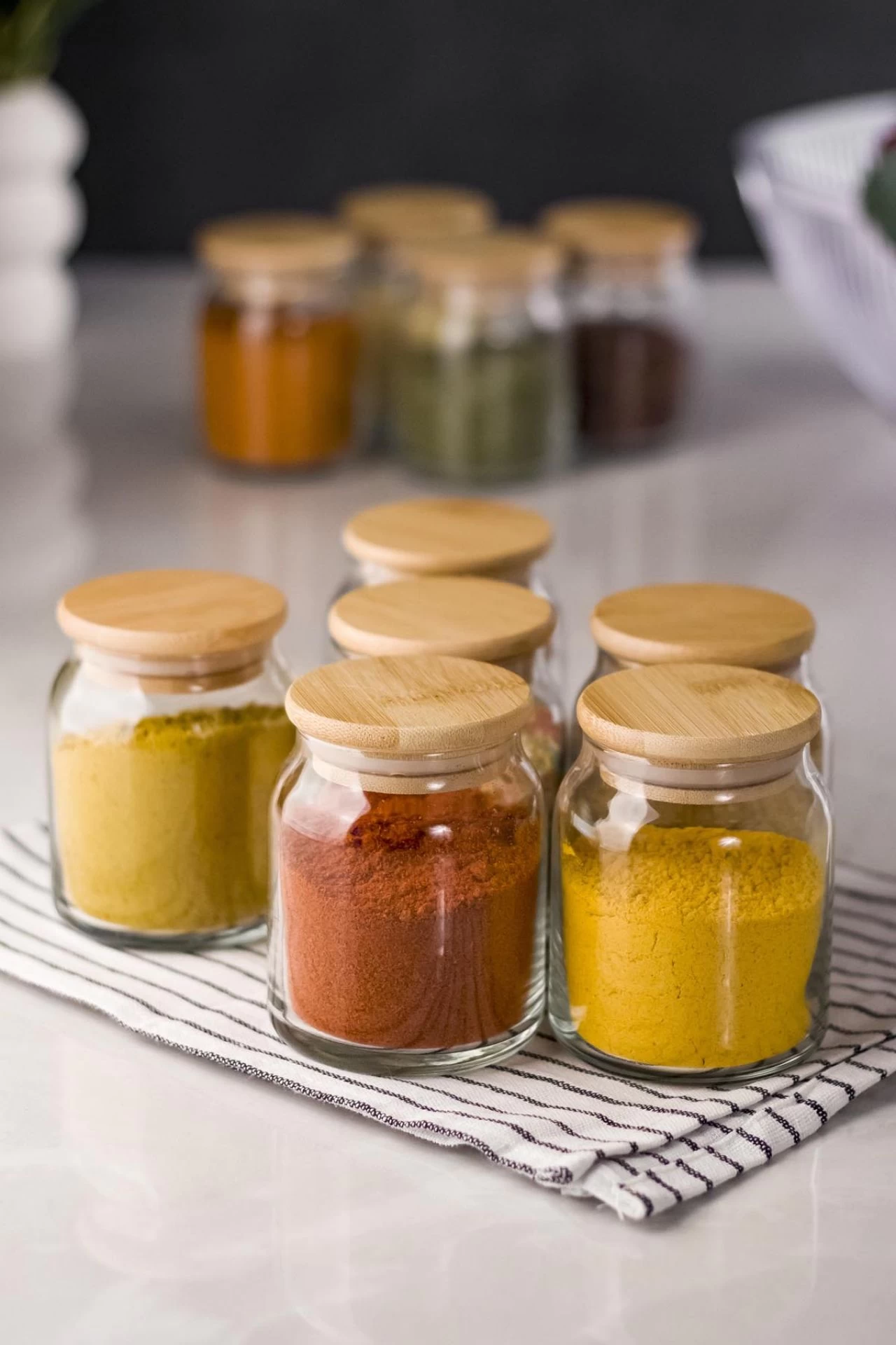 6 Lı Set Bambu Kapaklı Cam Kavanoz & Baharat Takımı & Baharatlık 200 Ml ( Vakum Kapak )