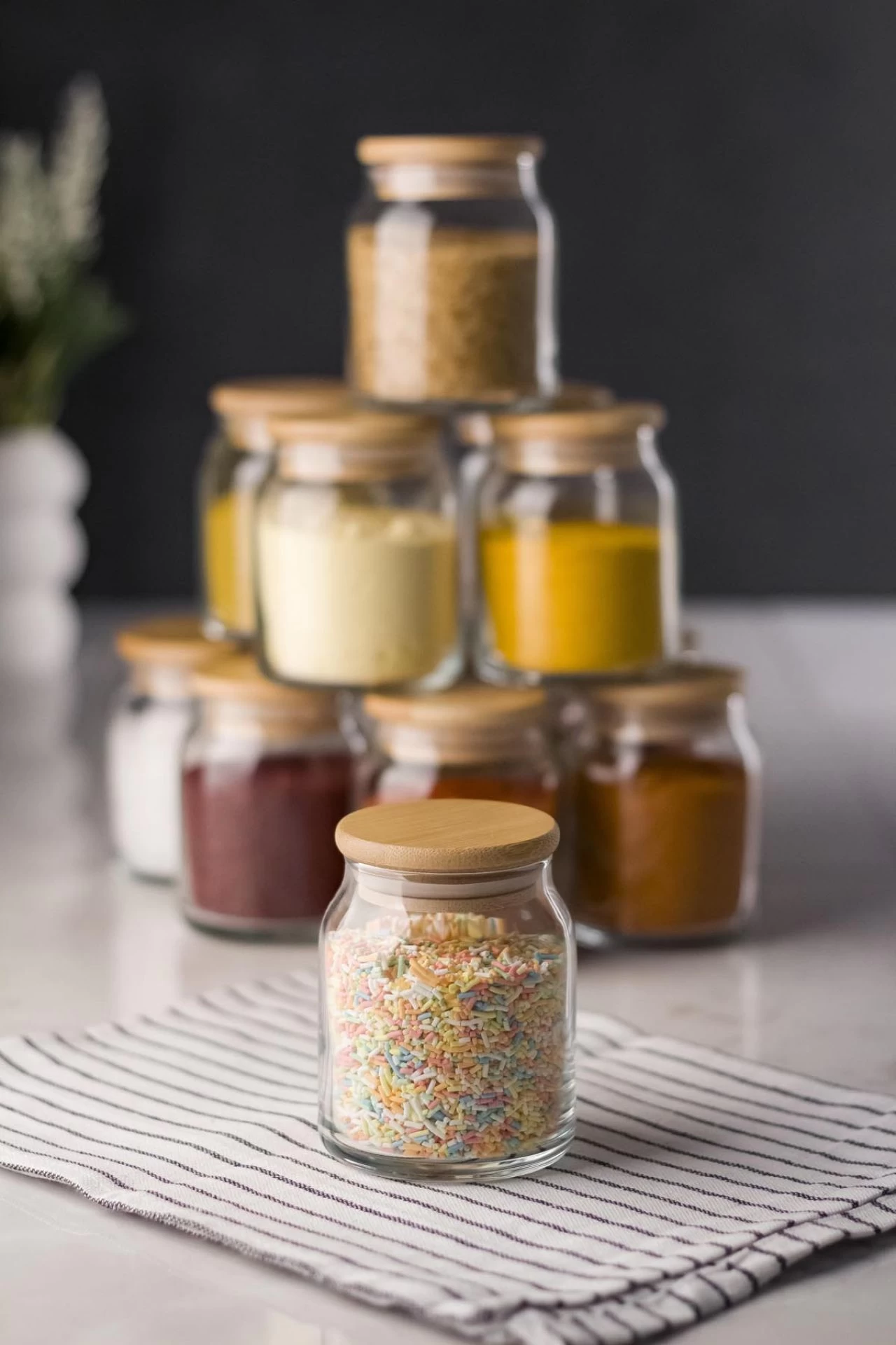 6 Lı Set Bambu Kapaklı Cam Kavanoz & Baharat Takımı & Baharatlık 200 Ml ( Vakum Kapak )