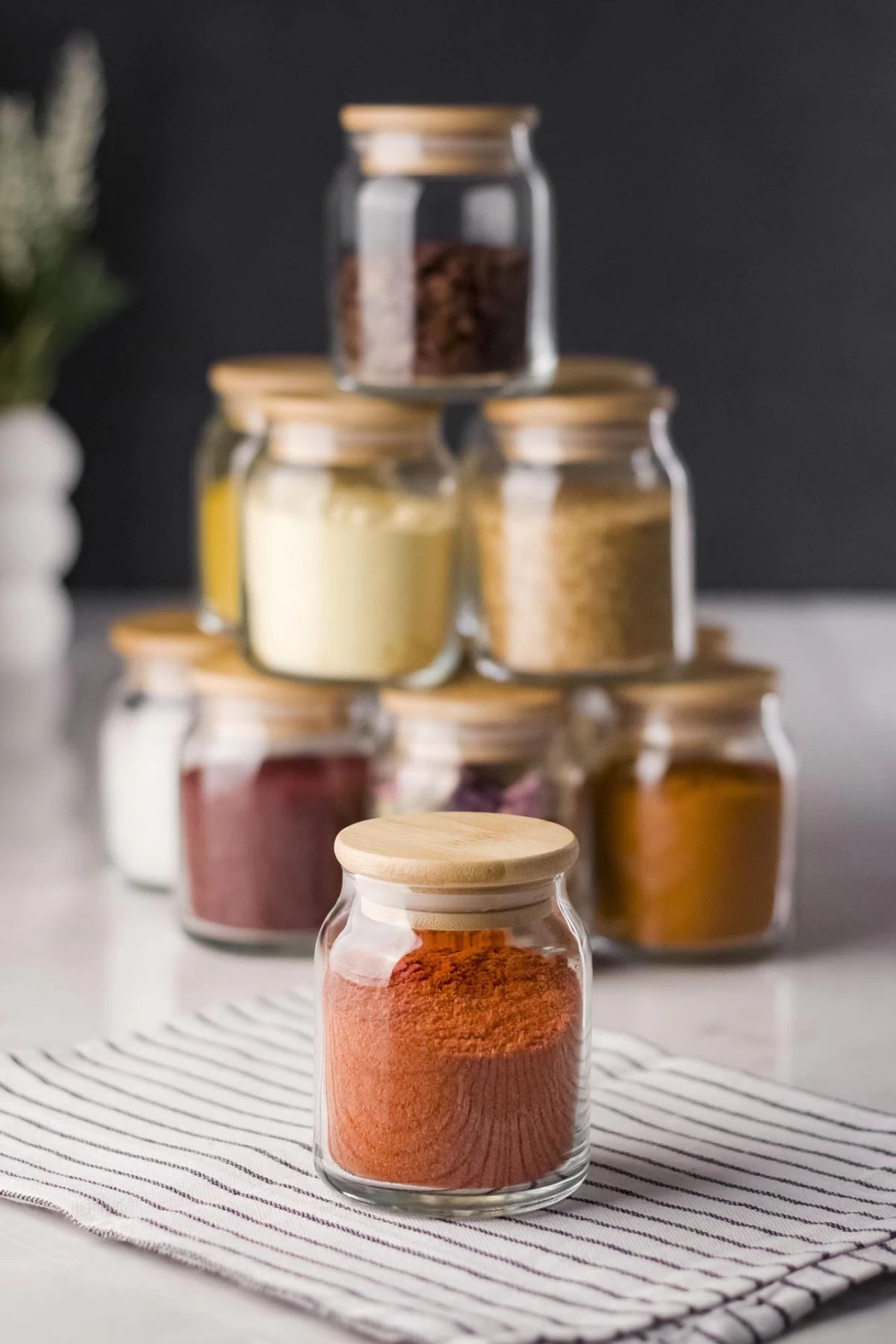 6 Lı Set Bambu Kapaklı Cam Kavanoz & Baharat Takımı & Baharatlık 200 Ml ( Vakum Kapak )