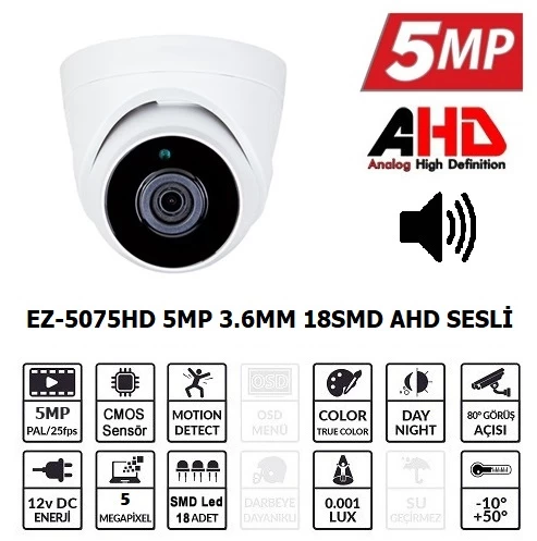 Ezcool Ez-5075hd 5mp 3.6mm Lens Ahd Dome Kamera