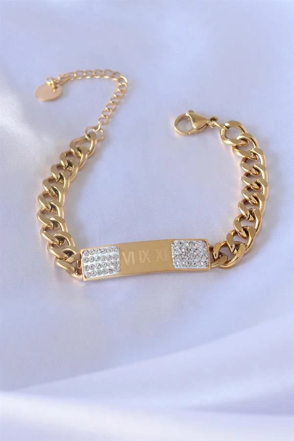 316l Çelik Gold Renk Zincir Model İşleme Detay Zirkon Taşlı Kadın Bileklik