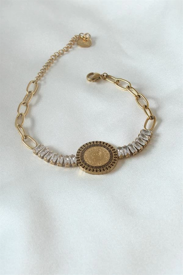 316l Çelik Gold Renk Tam Altın Modelli Zirkon Taşlı Kadın Bileklik