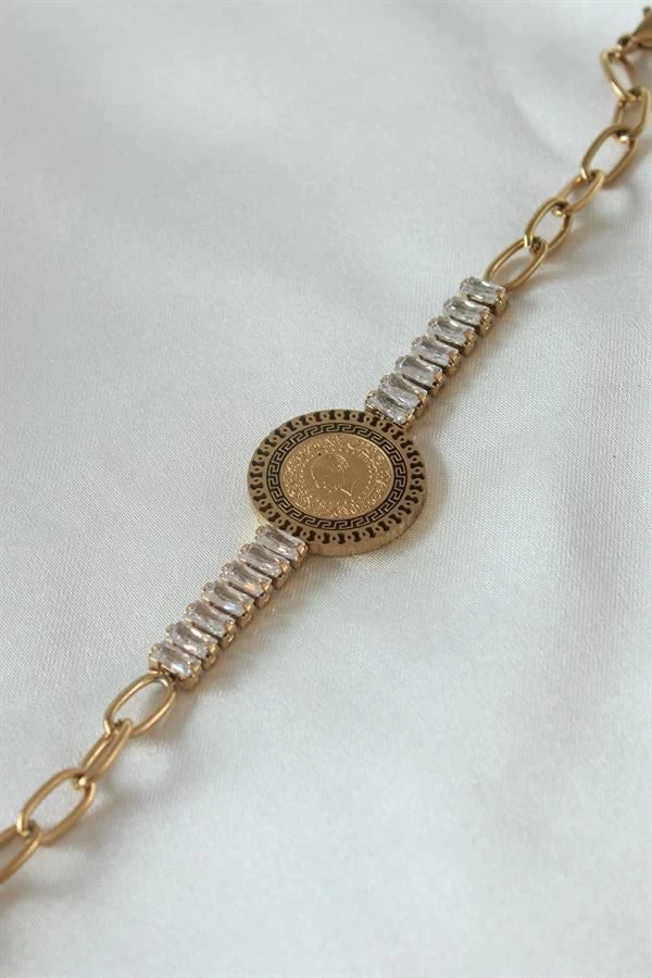 316l Çelik Gold Renk Tam Altın Modelli Zirkon Taşlı Kadın Bileklik