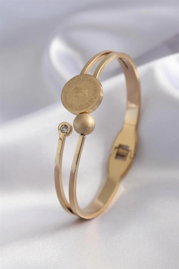 316l Çelik Gold Renk Çeyrek Altın Zirkon Taş Detay Kadın Kelepçe