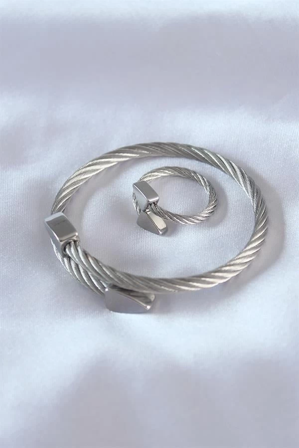 Çelik Gümüş Renk Burgu Model Erkek Bileklik Yüzük Seti