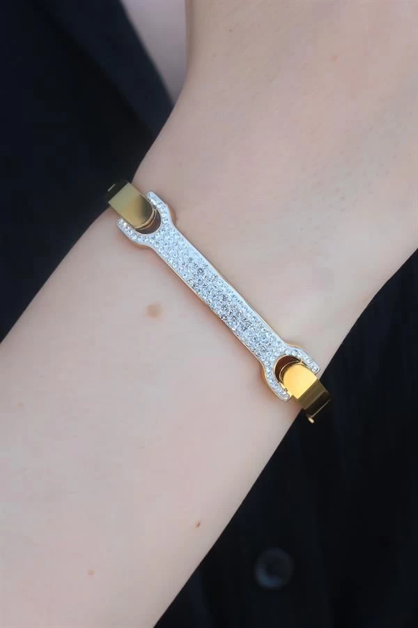 316l Çelik Gold Renk Zirkon Taşlı Kadın Kelepçe