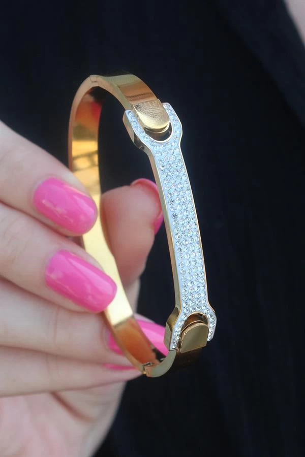 316l Çelik Gold Renk Zirkon Taşlı Kadın Kelepçe