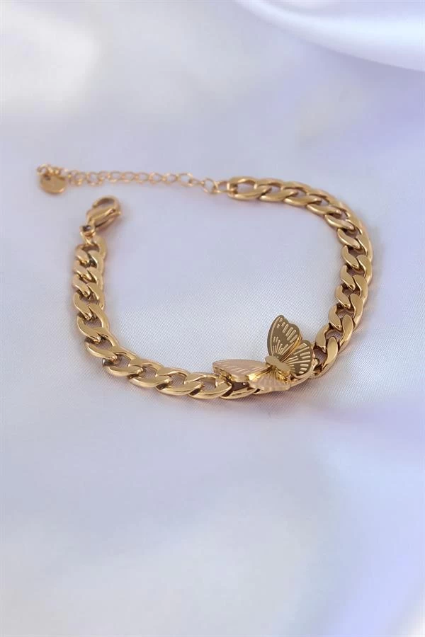 316l Çelik Gold Renk Kelebek Figür İşleme Detay Zincir Model Kadın Bileklik
