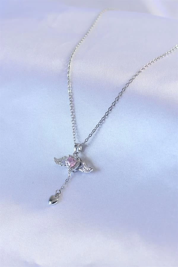 316l Çelik Gümüş Renk Kanatlı Kalp Figür Zirkon Taş Detay Kadın Kolye