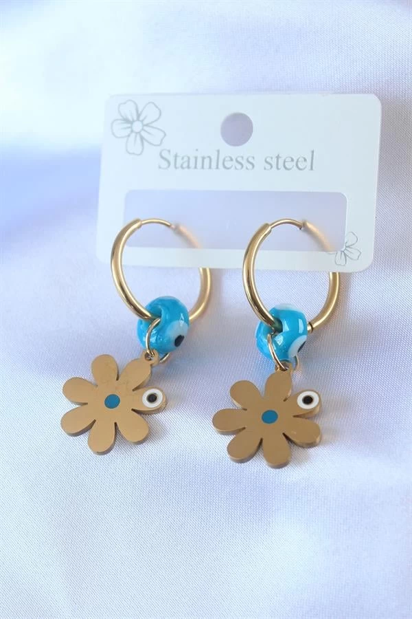 316l Çelik Gold Renk Çiçek Model Nazar Boncuk Detay Kadın Küpe