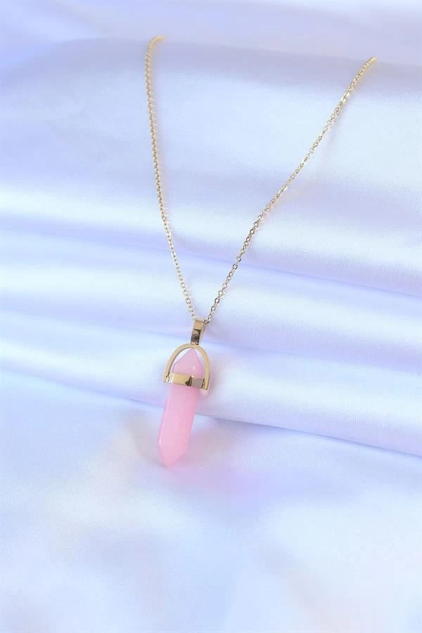 316l Çelik Gold Renk Kristal Pembe Taş Model Kadın Kolye