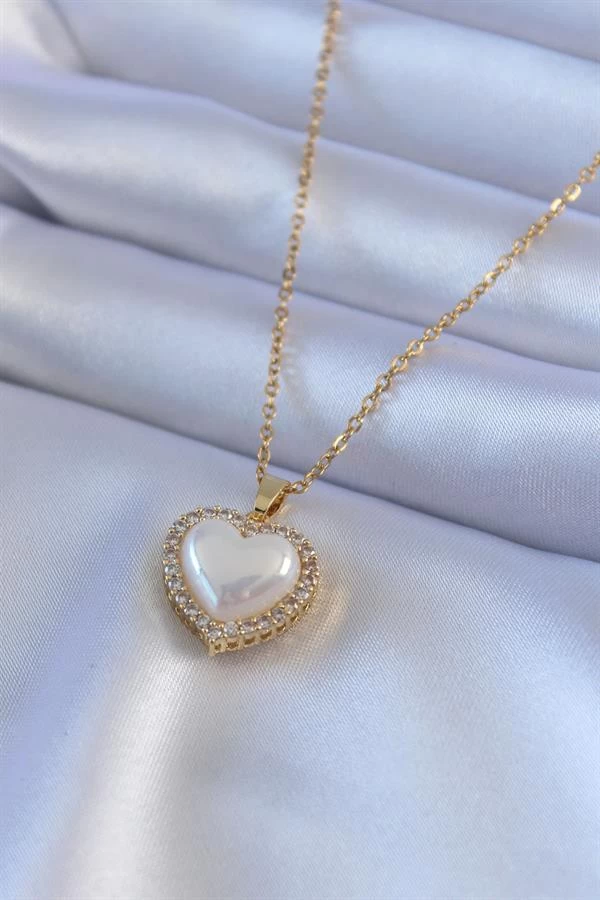 316l Çelik Gold Renk İncili Kalp Model Zirkon Taşlı Kadın Kolye