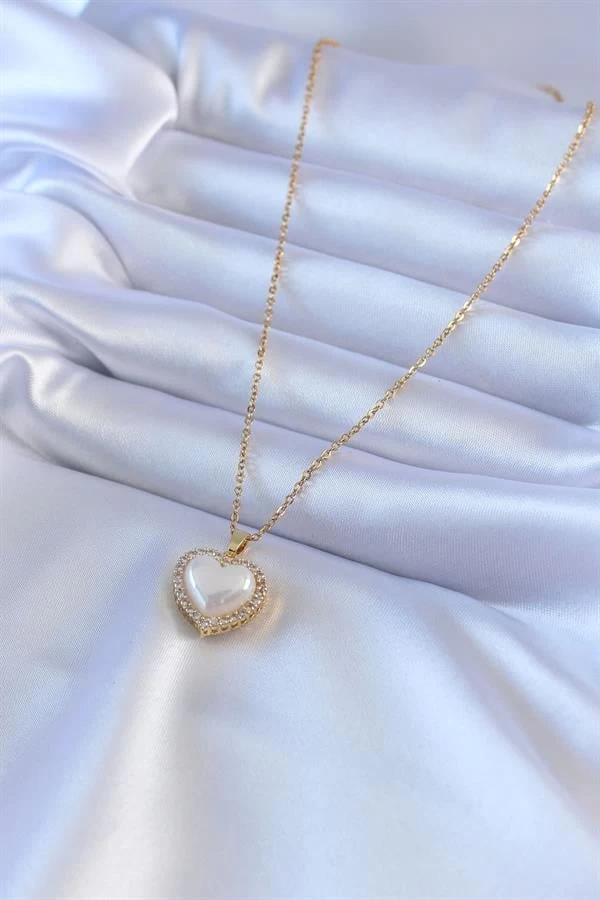 316l Çelik Gold Renk İncili Kalp Model Zirkon Taşlı Kadın Kolye