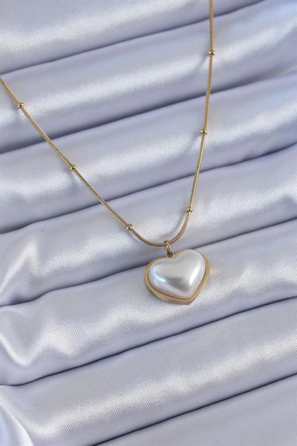 316l Çelik Gold Renk İncili Kalp Model Minimal Top Detay Kadın Kolye