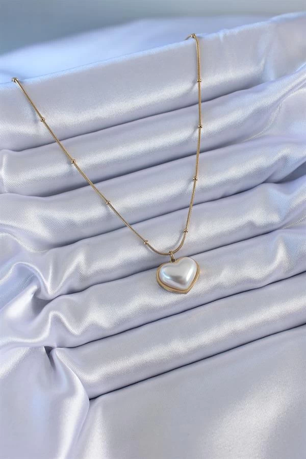 316l Çelik Gold Renk İncili Kalp Model Minimal Top Detay Kadın Kolye