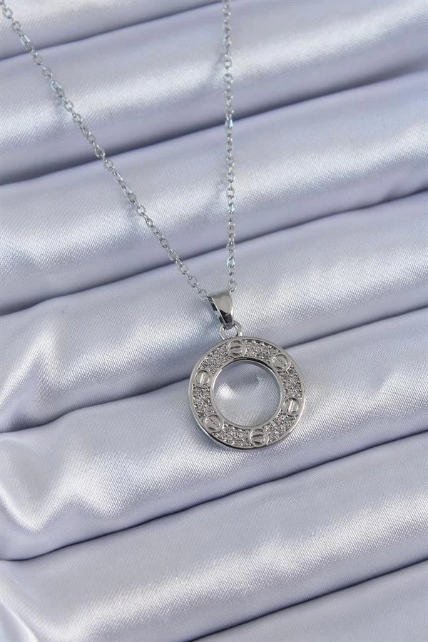 316l Çelik Gümüş Renk Zirkon Taşlı Model Kadın Kolye