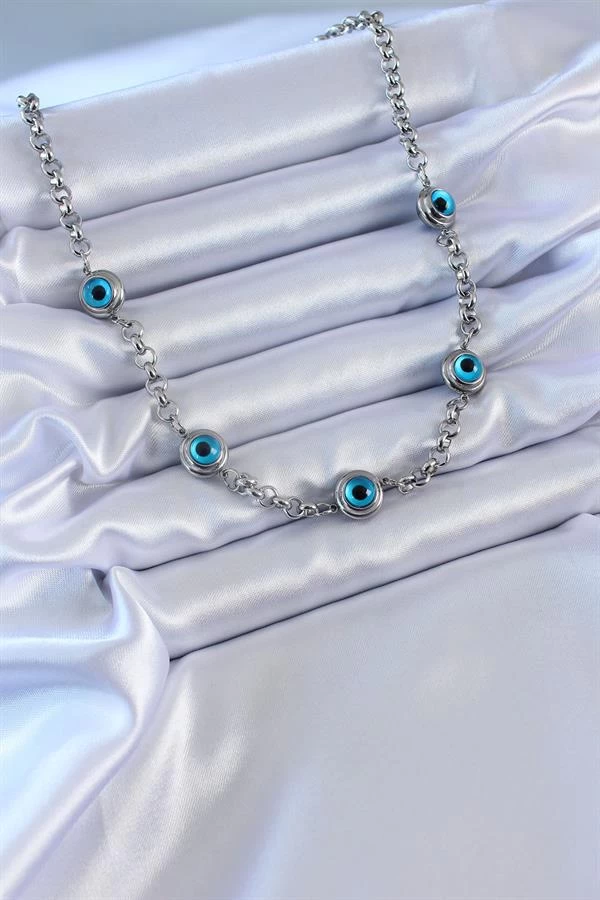 316l Çelik Gümüş Renk Nazar Boncuk Model Kadın Kolye