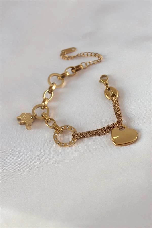 316l Çelik Gold Renk 2'li Zincir Model Zirkon Taş Detay Kadın Bileklik