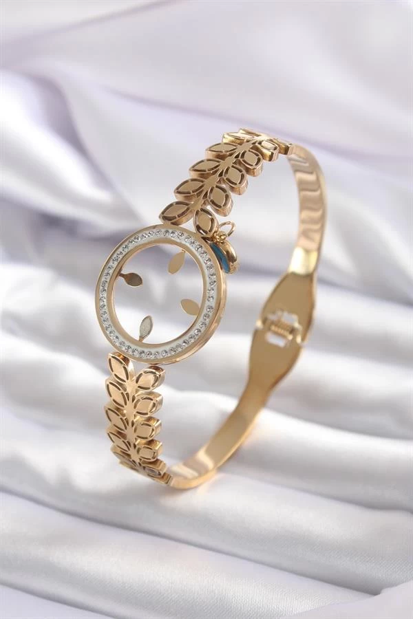 316l Çelik Gold Renk Çeyrek Takılabilen Zirkon Taş Detay Kadın Kelepçe