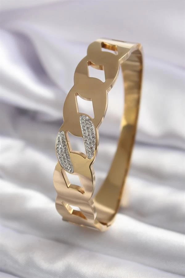 316l Çelik Gold Renk Zincir Model Zirkon Taş Detay Kadın Kelepçe