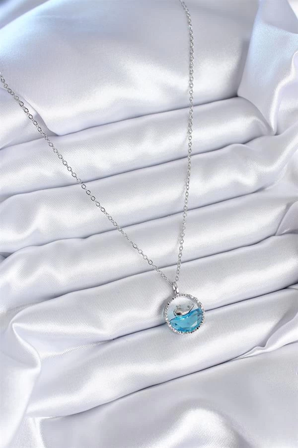 316l Çelik Gümüş Renk Mavi Kristal Taşlı Balina Model Kadın Kolye