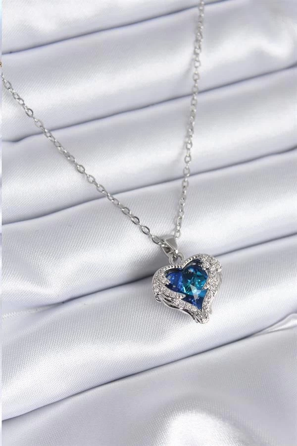 316l Çelik Gümüş Renk Mavi Kristal Kalp Model Zirkon Taşlı Kadın Kolye