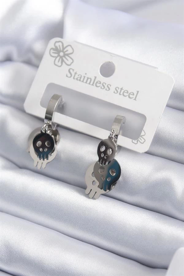 316l Çelik Gümüş Renk Sallantı Kuru Kafa Model Kadın Küpe