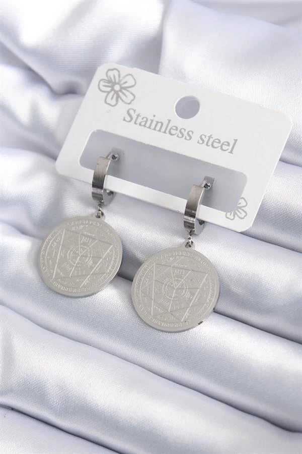 316l Çelik Gümüş Renk Pentagram İşleme Model Kadın Küpe