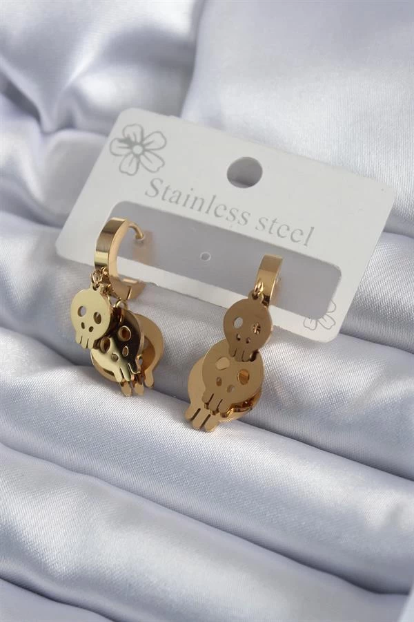 316l Çelik Gold Renk Sallantı Kuru Kafa Model Kadın Küpe