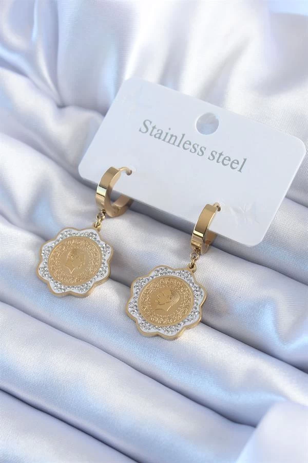 316l Çelik Gold Renk Çeyrek Model Zirkon Taş Detay Kadın Küpe