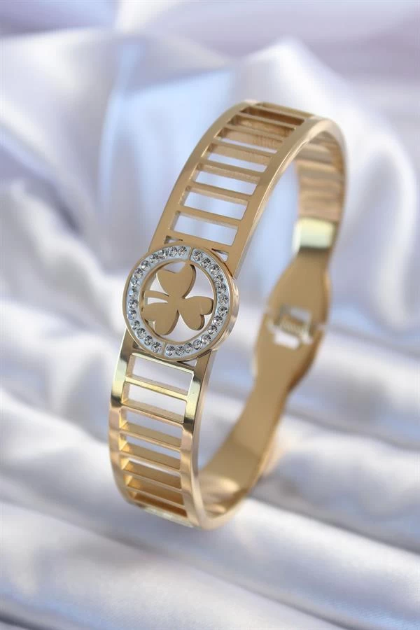 316l Çelik Gold Renk Zirkon Taşlı Yonca Model Kadın Kelepçe