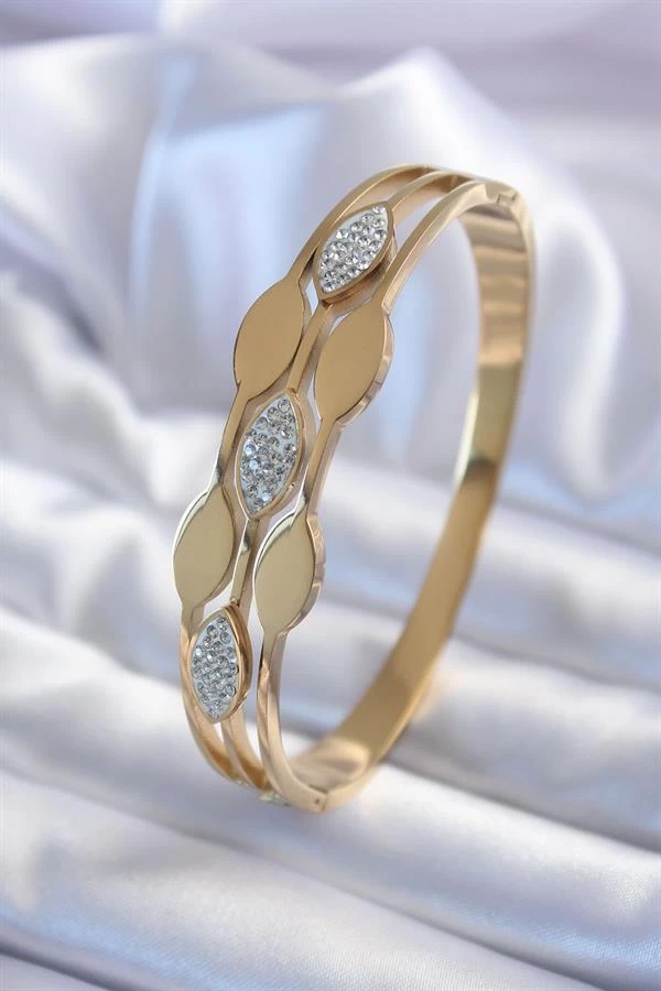 316l Çelik Gold Renk Arpa Model Zirkon Taş Detay Kadın Kelepçe Bileklik