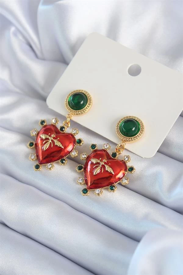 Gold Renk Kırmızı Kalp Model Zirkon Taş Detay Pirinç Vİp Kadın Küpe