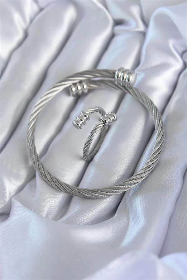 316l Çelik Gümüş Renk Sarmal Model Erkek Bileklik Yüzük Kombini