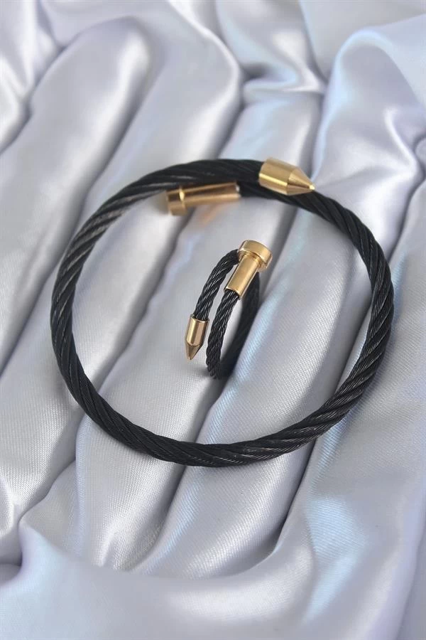 316l Çelik Siyah Renk Gold Detay Sarmal Model Erkek Bileklik Yüzük Kombini